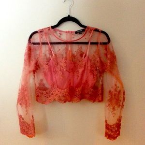 Cropped sexy pink lace top